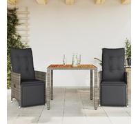 YunCangg Juego de muebles de jardín de 3 piezas con cojines de poliratán gris de polirratán, resistente a la intemperie, sillón reclinable, mesa de madera de acacia maciza, ideal para terraza