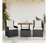YunCangg Juego de muebles de jardín de polirratán, 3 piezas, con cojines negros, muebles de jardín, muebles de jardín, terraza, balcón, resistente a la intemperie, mesa de madera de acacia y sillones