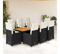 YunCangg Juego de muebles de jardín de ratán sintético con 8 sillones ajustables y cojines negros, mesa de jardín de madera de acacia, resistente a la intemperie, juego de muebles para terraza, balcón