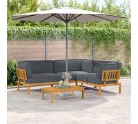YunCangg Juego de sofá con cojín antracita de madera maciza de acacia barnizada, juego de 4 piezas modular para jardín, terraza, balcón, cómodo conjunto de asientos combinado con cojines resistentes a