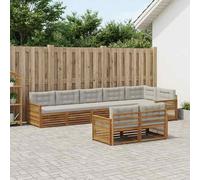 YunCangg Juego de sofá de 8 piezas para exteriores con cojines de madera maciza de acacia en gris claro y natural, resistente a la intemperie, modular, conjunto combinado para jardín, terraza, balcón