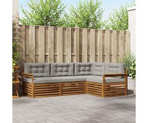 YunCangg Juego de sofá de exterior de 4 piezas de madera maciza de acacia con cojines, natural y gris claro, conjunto modular para jardín, terraza, balcón, cómodo juego completo para momentos de relax