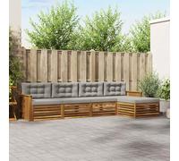 YunCangg Juego de sofá de exterior de madera maciza de acacia con cojines de color gris claro y natural, 5 piezas, resistente a la intemperie, modular para jardín, terraza y balcón