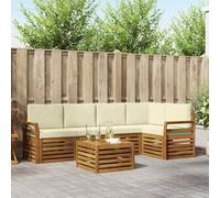 YunCangg Juego de sofá esquinero con cojines 6 piezas natural y crema de madera de acacia maciza, 59 x 59 x 37 cm, resistente a la intemperie, juego de muebles de exterior para jardín, terraza, balcón