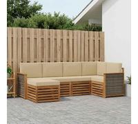 YunCangg Juego de sofá esquinero de 5 piezas de madera maciza de acacia y poliéster, conjunto combinado con conjunto de asientos y cojines, modular para jardín, terraza, balcón y salón