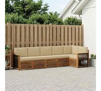 YunCangg Juego de sofá esquinero de 5 piezas de madera maciza de acacia y poliéster natural, conjunto combinado con grupo de asientos para jardín, terraza, balcón, modular y ahorra espacio para