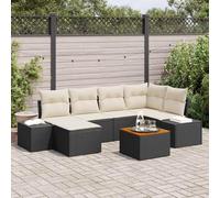 YunCangg Juego de sofás de jardín de 7 piezas, color negro y blanco, de ratán de polietileno y madera de acacia, con espacio de almacenamiento, resistente a la intemperie, juego de muebles para