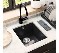 YunCangg Lavabo negro 370 x 460 mm Fregadero empotrado de 80% cuarzo y 20% resina con filtro de desagüe y juego de accesorios para cocina, encimera, armario bajo, montaje y limpieza del fregadero
