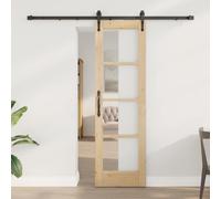 YunCangg Natural and Black Sliding Door, Solid Pine Wood and Glass, 61 x 198.5 cm, uso interior, diseño deslizante silencioso para sala de estar, dormitorio, hallway, renovación y nueva construcción
