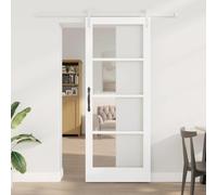 YunCangg ORKDAL Puerta corredera blanca 83 x 211 cm de madera maciza de pino y cristal, para interiores, con riel, ruedas y topes para salón, dormitorio, cocina o garaje