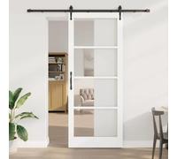 YunCangg ORKDAL Puerta corredera blanca 93 x 232 cm de madera maciza de pino y cristal con riel, topes de puerta, ruedas y riel de suelo para interior, pasillo, renovación y nueva construcción
