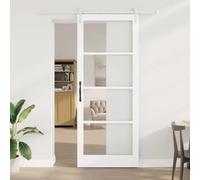 YunCangg ORKDAL Puerta corredera blanca 93 x 232 cm madera maciza de pino y cristal para interiores, con riel deslizante, ruedas, topes de puerta y guía de suelo, apto para renovación y construcción