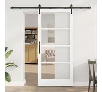 YunCangg ORKDAL Puerta corredera blanca 93x202 cm de pino macizo y cristal con riel, topes y ruedas para dormitorio, salón, pasillo e interior