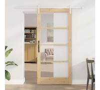 YunCangg ORKDAL Puerta corredera natural de madera maciza de pino y cristal, 93 x 202 cm, para interiores, con riel deslizante, ruedas, topes de puerta, guía de suelo y accesorios de montaje para