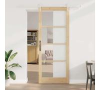 YunCangg ORKDAL Puerta corredera natural de madera maciza de pino y cristal 93 x 232 cm para interiores con riel deslizante, ruedas, topes de puerta y guía de suelo para salón, dormitorio, cocina