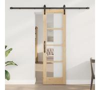 YunCangg ORKDAL Puerta corredera natural de pino macizo y vidrio, 61 x 198,5 cm, con riel corredizo, topes de puerta, ruedas y riel de suelo para dormitorio, salón, pasillo interior