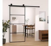 YunCangg Puerta corredera con herraje de 90 x 205 cm de vidrio templado y aluminio, revestimiento de polvo negro, con riel deslizante, ruedas y topes de puerta, montaje silencioso para entrada de casa