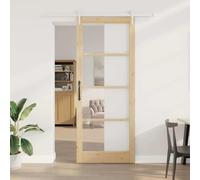 YunCangg Puerta corredera natural 93 x 232 cm de madera maciza de pino y cristal, deslizamiento silencioso con raíl, ruedas y topes para puerta para salón, dormitorio, pasillo, interior