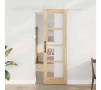 YunCangg Puerta corredera natural de madera maciza de pino y cristal, 61 x 198,5 cm, puerta con riel, ruedas, topes, para interior en la sala de estar, dormitorio, pasillo, deslizamiento silencioso y