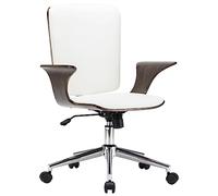 YunCangg Silla de oficina giratoria blanca con funda de piel sintética y marco de madera curvada, silla de escritorio ergonómica con ajuste de altura, ruedas, reposabrazos, soporte lumbar para oficina
