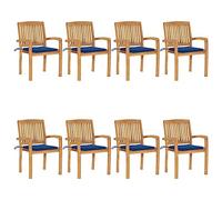 YunCangg Sillas de jardín apilables con cojines de madera maciza de teca, 8 unidades, resistentes a la intemperie, con reposabrazos y cojín acolchado, ideal para terraza, balcón, exterior y jardín