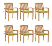 YunCangg Sillas de jardín apilables de madera maciza de teca con cojín, 6 unidades, resistentes a la intemperie y fáciles de limpiar, ideales para balcón, terraza, exterior con reposabrazos y cómodo