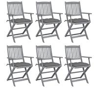 YunCangg Sillas de jardín plegables de 6 unidades con acolchado gris de madera de acacia maciza, 54 x 61 x 88 cm, resistentes a la intemperie, para balcón, terraza, asiento cómodo con respaldo y