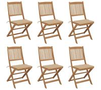YunCangg Sillas de jardín plegables de madera maciza de acacia con cojín, 6 unidades, tapizado en color beige, para exteriores, para balcón, terraza, resistente a la intemperie, cómodas con respaldo y
