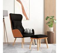 YunCangg Sillón de relax con taburete negro de piel sintética y tela, sillón ergonómico con reposabrazos y respaldo, estructura de madera y metal, cómoda silla tapizada para salón
