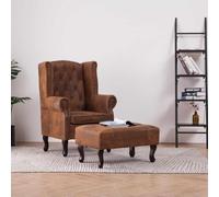 YunCangg Sillón y reposapiés Chesterfield de ante marrón con marco de madera, acolchado, respaldo ergonómico y reposabrazos para salón, rincón de lectura, salón y chimenea
