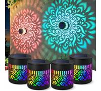 YUNFAN Solar-Powered Mandala Projector Light,Seven-Color Changing Outdoor Decorative Projection Lamp,Metal Hollowed-Out Waterproof Solar Wall Art Lights,Auto On Off Fence Light for Yard Garden(4 PCS)