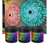 YUNFAN Solar-Powered Mandala Projector Light,Seven-Color Changing Outdoor Decorative Projection Lamp,Metal Hollowed-Out Waterproof Solar Wall Art Lights,Auto On Off Fence Light for Yard Garden(3 PCS)