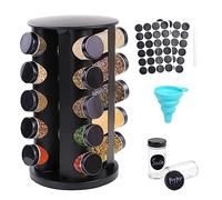Yunkctuk Carrusel de Especias 360°, Estante de Especias con 20 Tarros para Especias, Etiquetas, Bolígrafo, Embudo, Tapa, Organizador de Especias de Acero Inoxidable para Encimera de Cocina, Negro