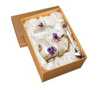 Yunmeryker Taza de Café Esmalte Vaso Cristal Taza Té con Cuchara Vidrio Resistente Motivo Flor Mariposa Regalo Original Adecuada Maestra Boda Gradua, Violeta