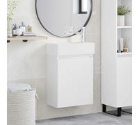 Yunovire Mueble bajo lavabo de baño blanco con lavabo y grifo de cerámica, montaje en pared, espacio de almacenamiento con cajón y puerta, moderno mueble de baño para invitados y baño