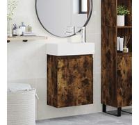 Yunovire Mueble bajo lavabo de baño con grifo de madera y cerámica, montaje en pared, 45,5 x 22,5 x 84 cm, con espacio de almacenamiento, puerta reversible, lavabo blanco