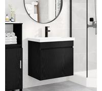 Yunovire Mueble bajo lavabo de roble negro con lavabo de cerámica y grifo, 61 x 40 x 74,5 cm, montaje en pared, mucho espacio de almacenamiento, moderno mueble de baño para invitados y baño