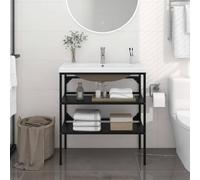 Yunovire Mueble de baño con lavabo empotrado, de hierro negro con recubrimiento en polvo y cerámica blanca, 79 x 38 x 83 cm, con rebosadero, ahorra espacio, moderno para baño y aseo de invitados