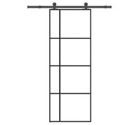 Yunovire Puerta corredera con herraje, 76 x 205 cm, cristal templado de aluminio negro, riel de 152,5 cm, máx. 100 kg, incluye tope de puerta, ruedas, pinza de fijación para casa, apartamento, nueva