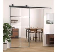 Yunovire Puerta corredera negra 102,5 x 205 cm, vidrio templado y aluminio con inserto de cristal transparente, marco de aluminio, para vivienda, renovación y construcción nueva, incluye tope para