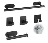 YUNYODA Juego de Toalleros de Baño Sin Taladro, 5PCS Accesorios Baño de Acero Inoxidable, Toallero Adhesivo Baño, Portarrollos para Papel, Gancho de Pared para Toallas, 40cm, Negro