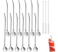 YUNYU Juego de 12 cucharas de paja de acero inoxidable con 3 cepillos de limpieza, 304 pajitas de cuchara inoxidables para batidos, batidos, cócteles y latte macchiato
