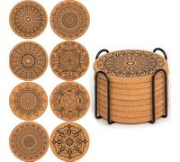 YUNYU Juego de 8 posavasos de corcho y madera con soporte, resistentes al calor, antideslizantes, absorbentes, para mesas de café, posavasos de madera marrón natural, accesorios de decoración del