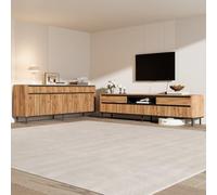 YuQozii Un aparador de salón (160 x 40 x 73 cm) + un armario de TV de cuatro puertas (180 x 40 x 52 cm) en color madera natural con detalles en negro, adecuado para un televisor de 75 pulgadas