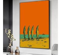 YUSUZHU Lienzo con escena surrealista de playa con peces, arte mural retro del océano, diseño costero vintage, decoración náutica para el hogar, impresión en lienzo colorida (80x110cm/marco interior)