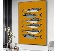 YUSUZHU Lienzo con ilustración de sardinas, arte mural de vida marina, decoración náutica, estampado de peces azules sobre fondo mostaza, cocina y comedor (50x70cm/marco interior)