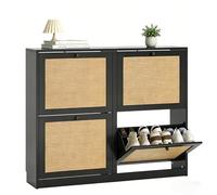 Yvsevnr Muebles Zapatero de Ratán Zapatero Estrecho Madera 4 Puertas y Estantes Ajustables, Antivuelco, para 16-24 Pares, Estilo Bohemio, para Pasillo Entrada 102 x 23 x 84 cm