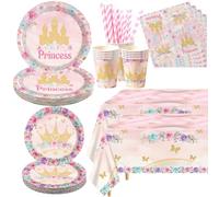 Ywediim Decoraciones de fiesta de cumpleaños de princesa Sirve a 20 invitados, incluidos platos llanos, platos de postre, vasos, servilletas, mantel, pajitas, para niñas