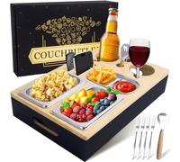 YYSWSAKY Couchbar Snackbox con Caja de Regalo, Bandeja para Sofá con 2 Cuencos de Acero Inoxidable, Tenedor de Fruta y Abrebotellas, Sofá Bar con Tapa Extraíble para Salón, Jardín, Camping