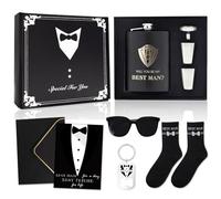 YYSWSAKY Regalo para Padrino de Boda, Set de Regalo para Padrinos de Boda Negro, Petaca con Grabado de Acero Inoxidable, Vasos, Embudo, Abridor de Botellas, Tarjeta de Felicitación, Calcetines